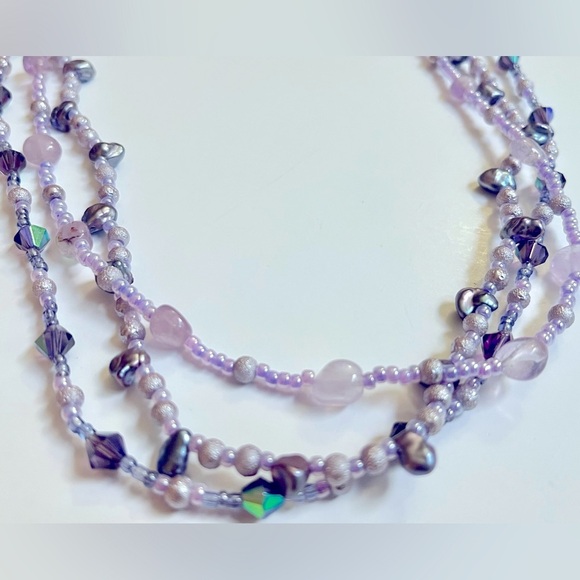 Purple Beaded Handmade Necklace Three Connected‎ Strands - Picture 5 of 6